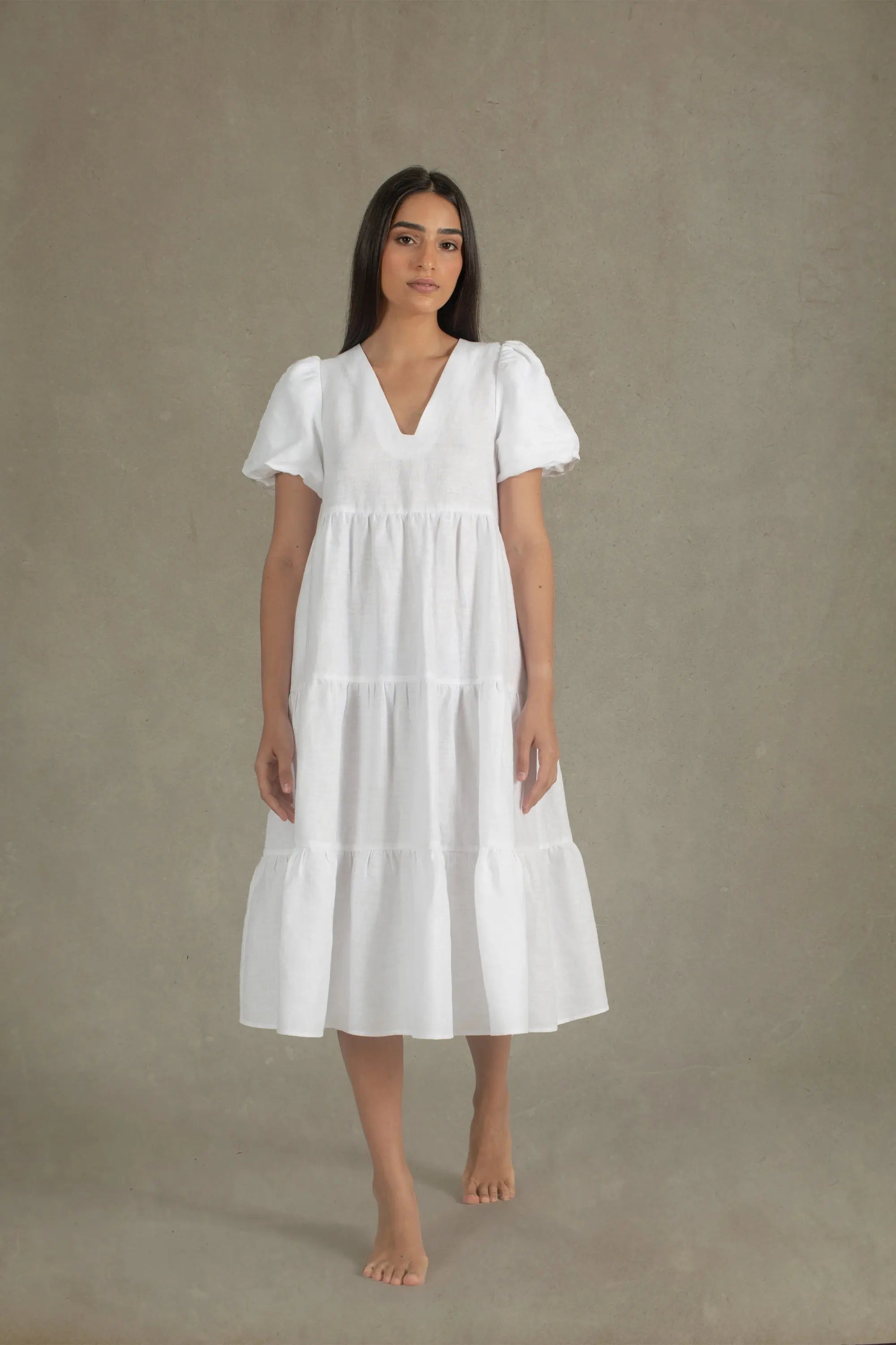 Siréne Linen Midi Dress White Stylish Striped Midi Dress