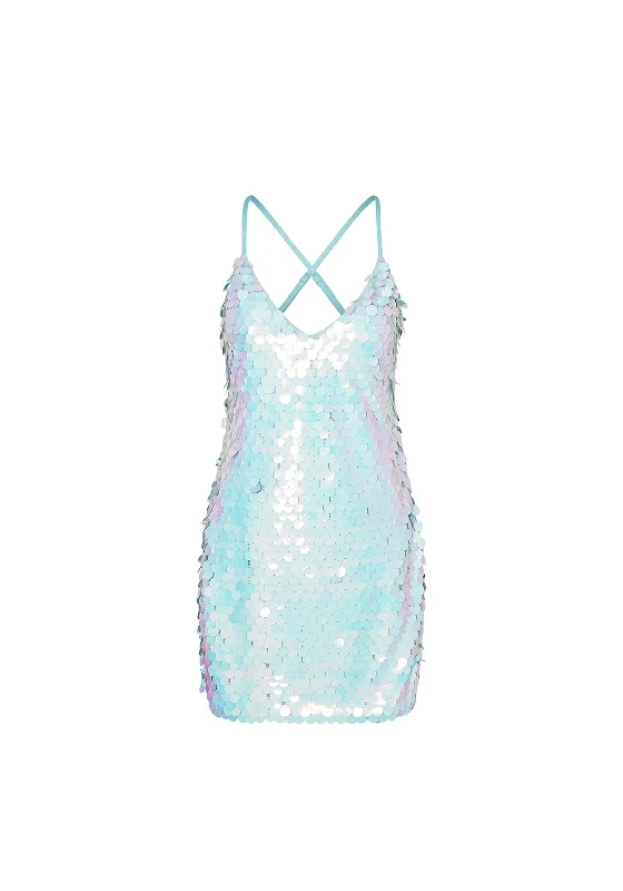 SOMETHINGNEW Gloria Sequin Mini Dress, Blue Radiance Trendy Button-Detail Mini Dress