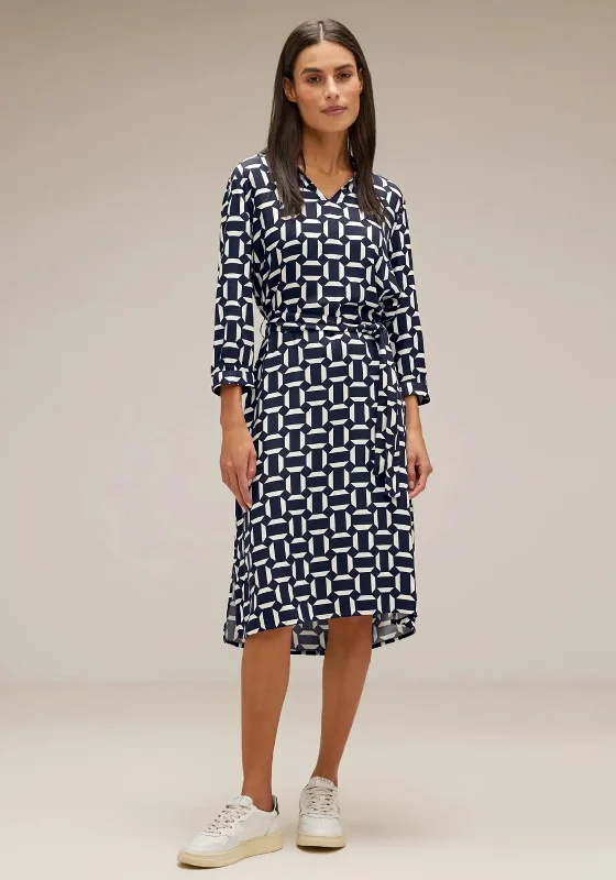 Street One Tie Waist Printed Midi Dress, Deep Blue Stylish Cold Shoulder Midi Dress