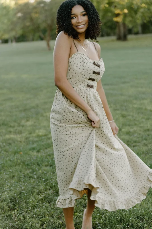 Taupe Bow Detail Floral Midi Dress Stylish Midi Dress with Cuffs