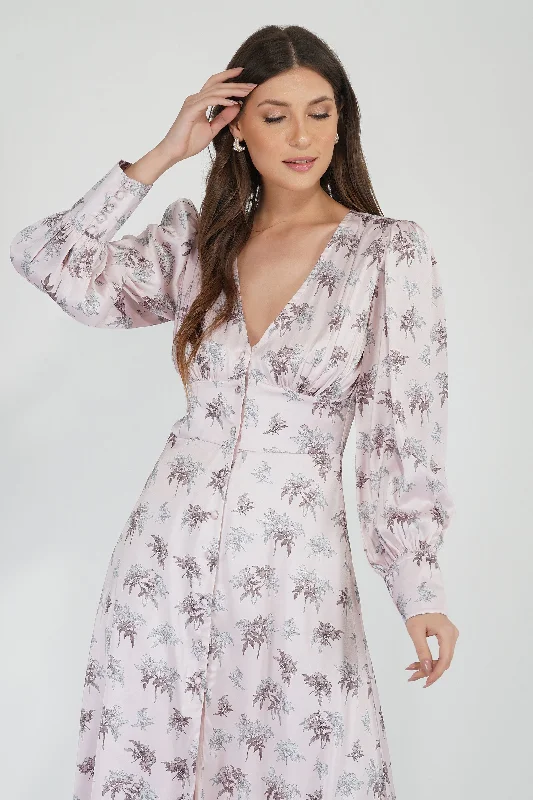 Tessa Long Sleeve Satin Midi Dress in Pink Elegant V-Neck Midi Dress