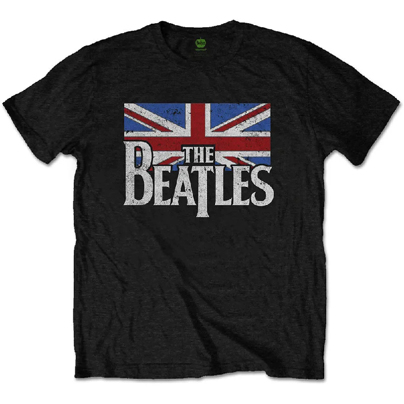 The Beatles | Official Band T-Shirt | Drop T Logo & Vintage Flag Silk Blend Satin Velvet