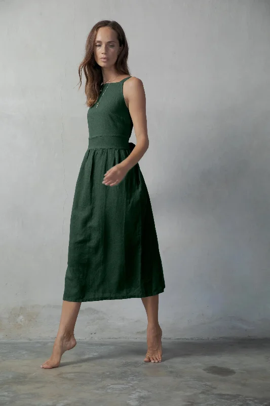 Farfalla Linen Midi Dress Forest Green Fashionable High-Low Midi Dress