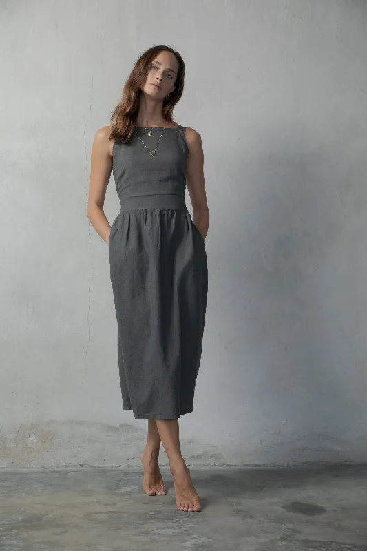 Farfalla Linen Midi Dress Grey Anthrazit Stylish Color Block Midi Dress