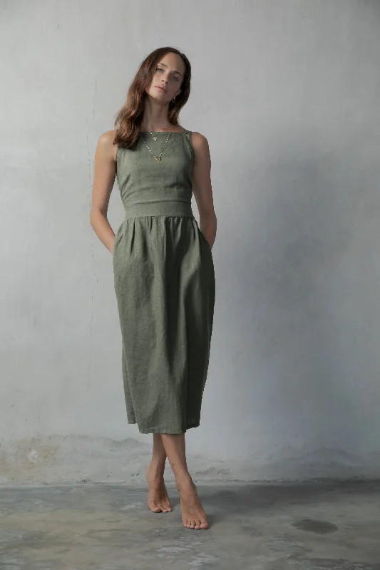 Farfalla Linen Midi Dress Khaki Cozy Midi Dress with Pockets