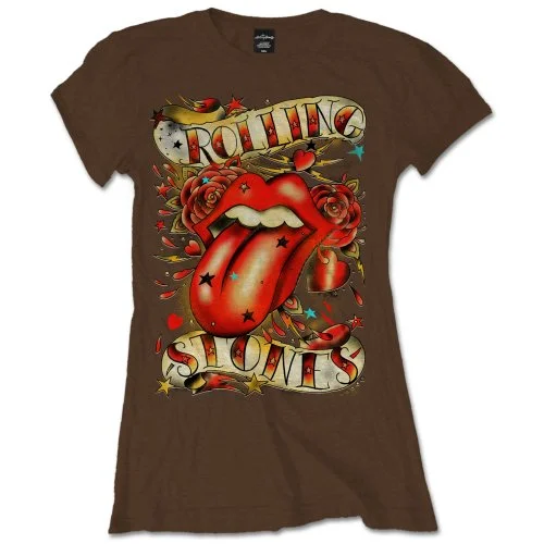 The Rolling Stones Ladies T-Shirt: Tongue & Stars Denim Fabric Leather Fabric Suede Fabric