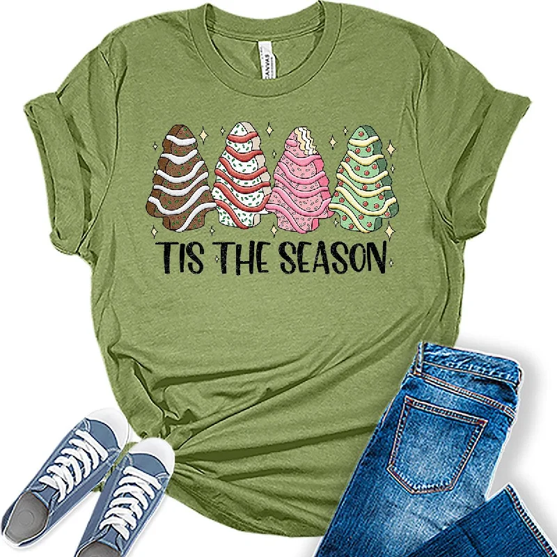 Tis' The Season Christmas Tree Cookie Xmas Holiday Womens T-shirt Graphic Embroidered Appliqued