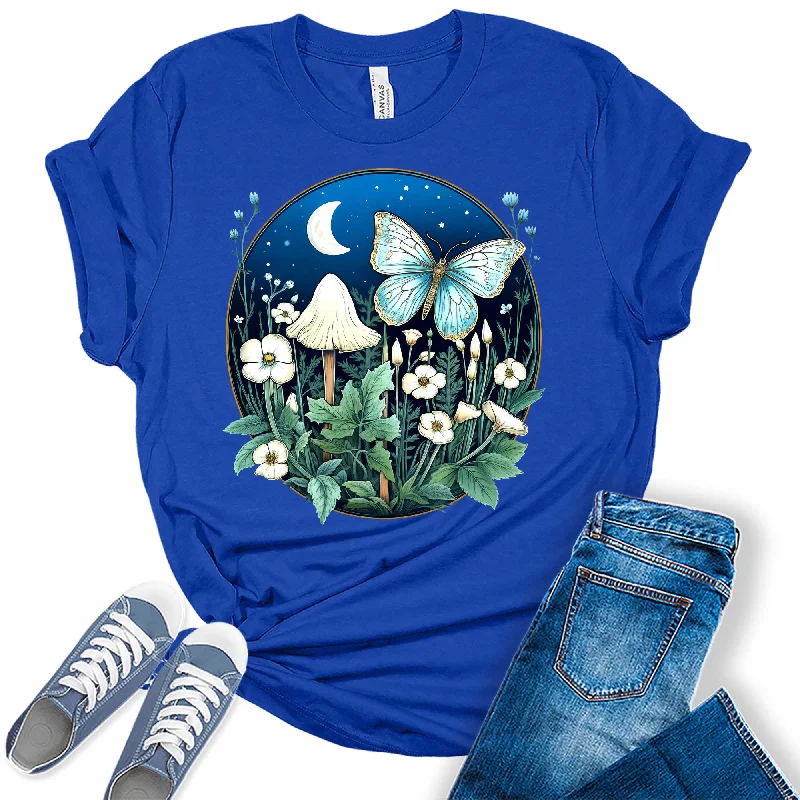 Trendy Butterfly Mushroom Moon Flowers Graphic Tees For Women Elasticated Padded Insulated