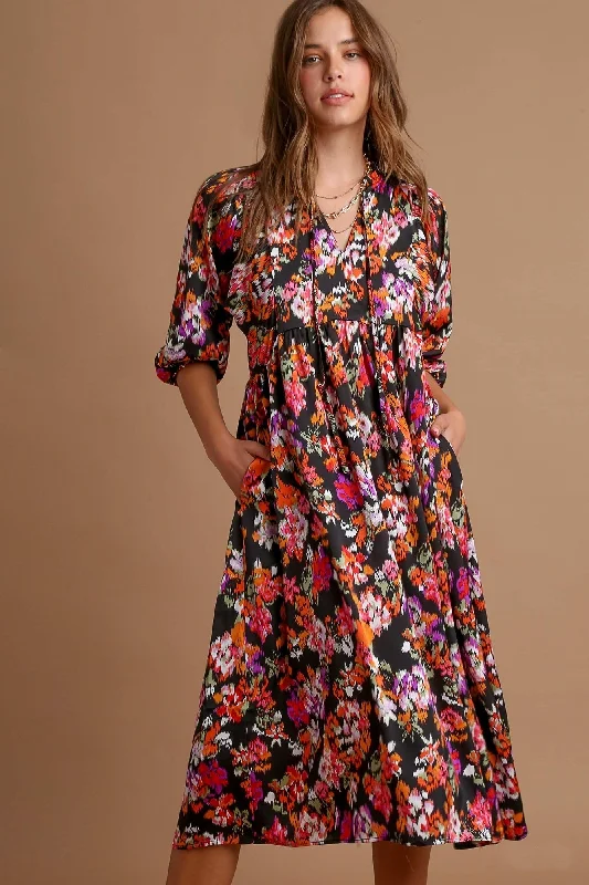 Umgee Black Satin Floral Midi Dress Comfortable Stretch Midi Dress