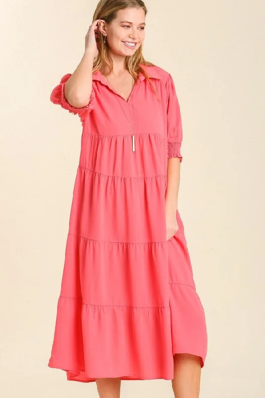 Umgee Collared Tiered Midi Dress in Coral Pink Cozy A-Line Midi Dress