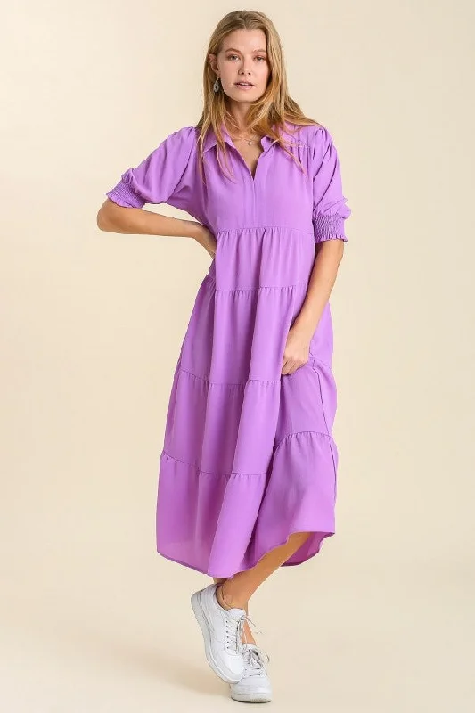 Umgee Collared Tiered Midi Dress in Lavender ON ORDER Trendy Ruffled Sleeve Midi Dress