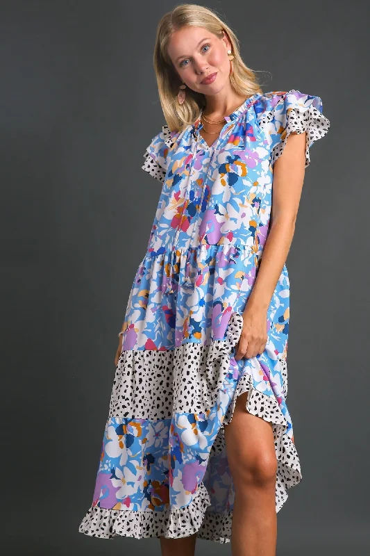 Umgee Mixed Print Midi Dress in Light Blue Mix Elegant Faux Wrap Midi Dress