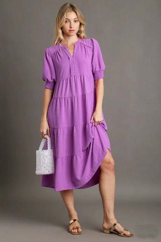 Umgee Solid Color A-Line Tiered Midi Dress with Piping Details in Orchid Elegant Satin Slip Midi Dress