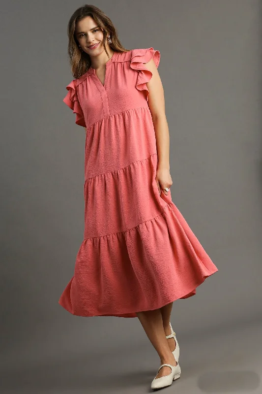 Umgee Split Neck A-Line Tiered Midi Dress in Coral Pink Comfortable Lace-Up Midi Dress