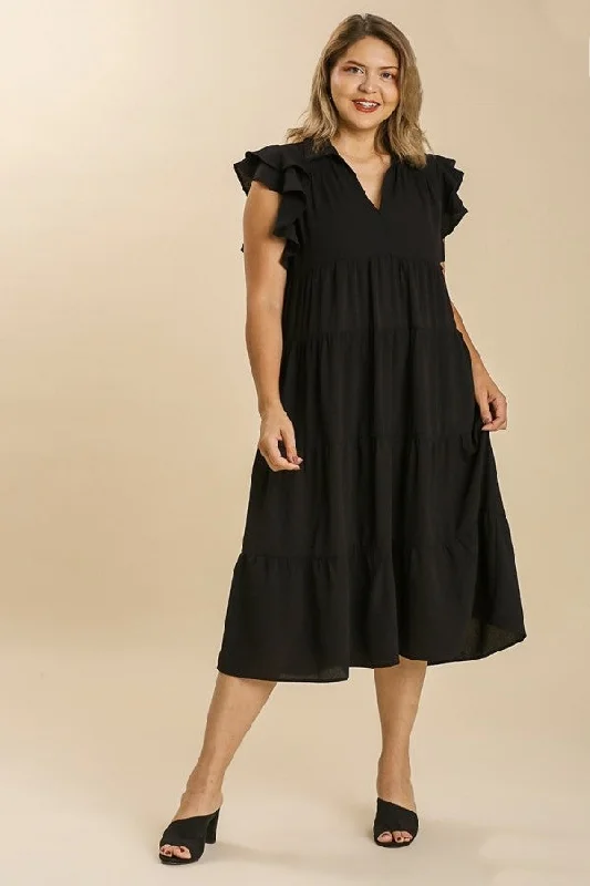 Umgee Tiered Midi Dress with Ruffled Sleeves in Black Comfortable Adjustable Strap Midi Dress