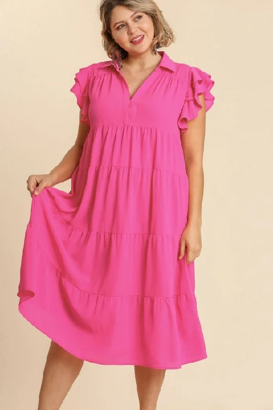 Umgee Tiered Midi Dress with Ruffled Sleeves in Hot Pink Trendy A-Line Midi Dress