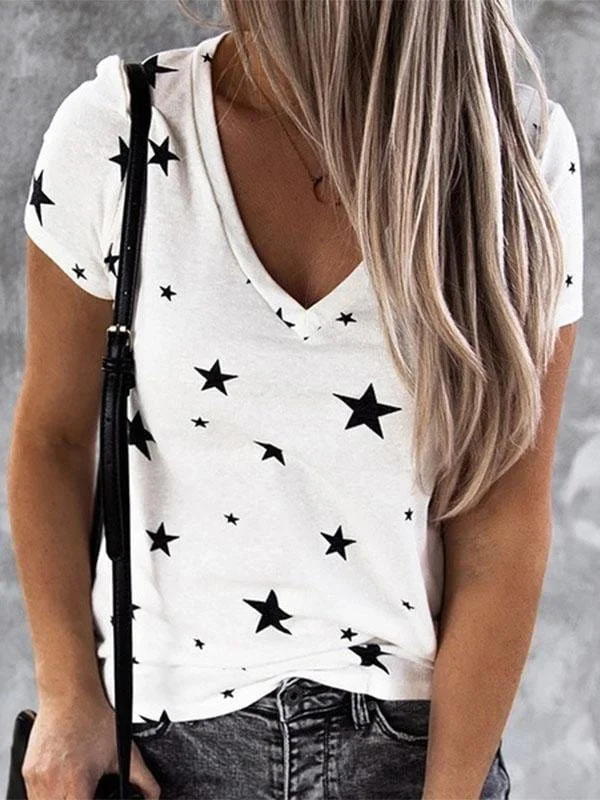 V-neck Star Print Short-sleeved T-shirt with Stylish Drop Shoulder Handmade Hand-knitted Hand-woven