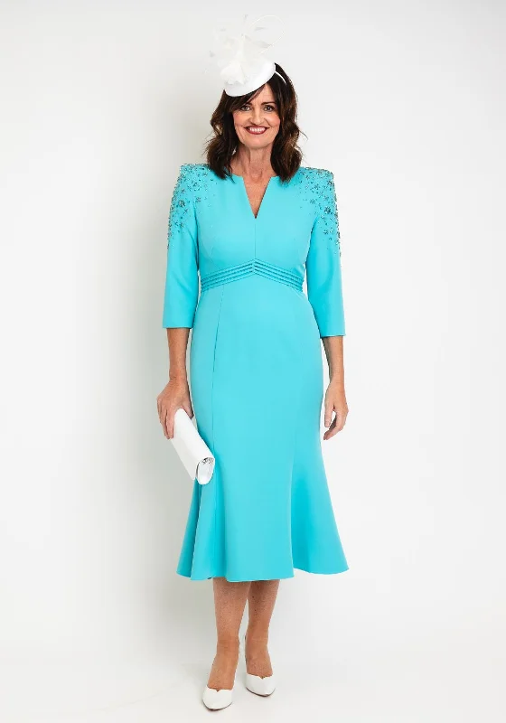 Veni Infantino Embellished Shoulder Fishtail Midi Dress, Turquoise Cozy Midi Dress with Pockets