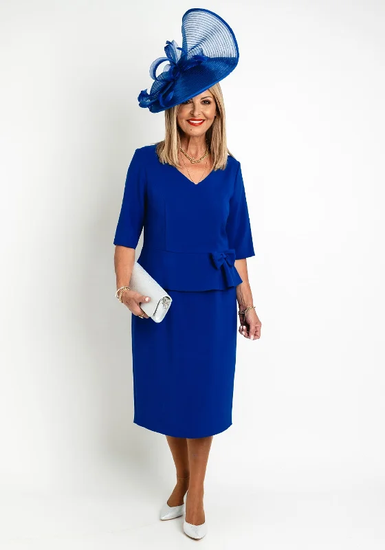 Via Veneto Pippy Peplum Midi Dress, Royal Blue Trendy Ruffled Sleeve Midi Dress