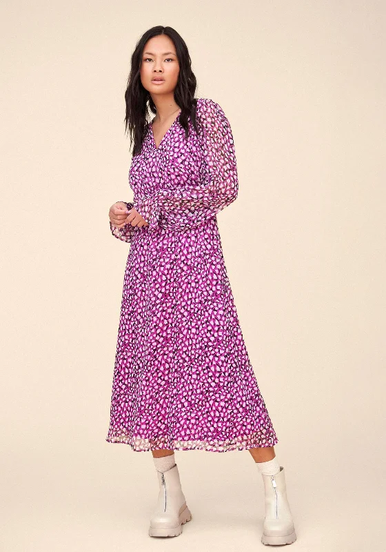 Vila Falia V-Neck Print Midi Dress, Cattleya Orchid Trendy Midi Dress with Belt