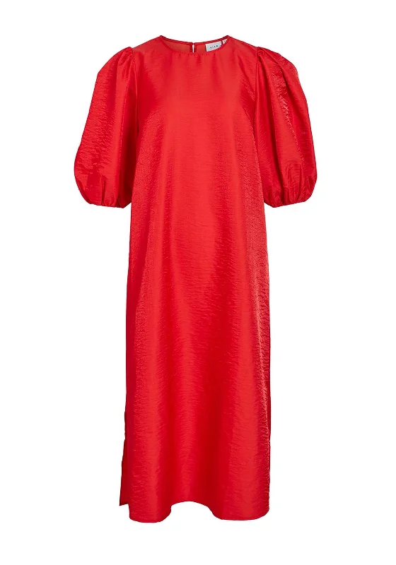 Vila Mabelle Puff Sleeve Midi Dress, Poppy Red Stylish Vintage Midi Dress