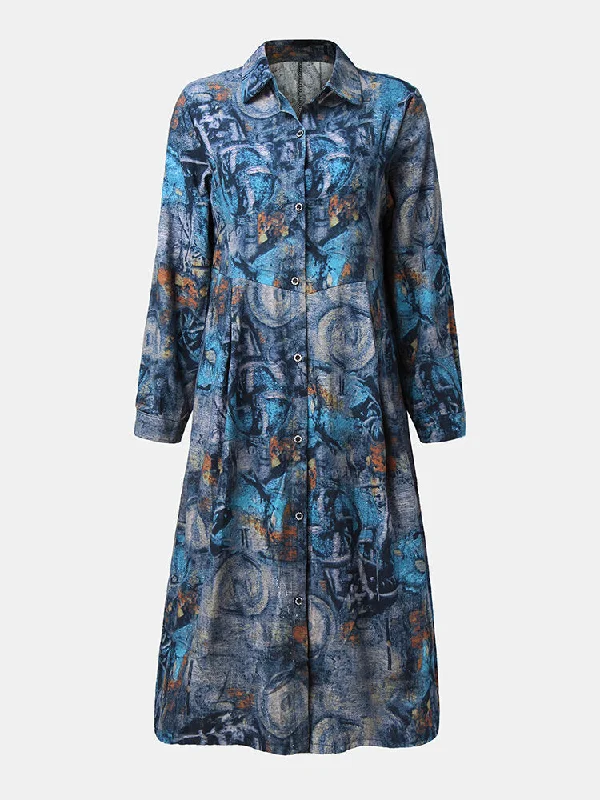 Vintage Graffiti Print Button Long Sleeve Casual Shirt Women Midi Dress Elegant Velvet Midi Dress