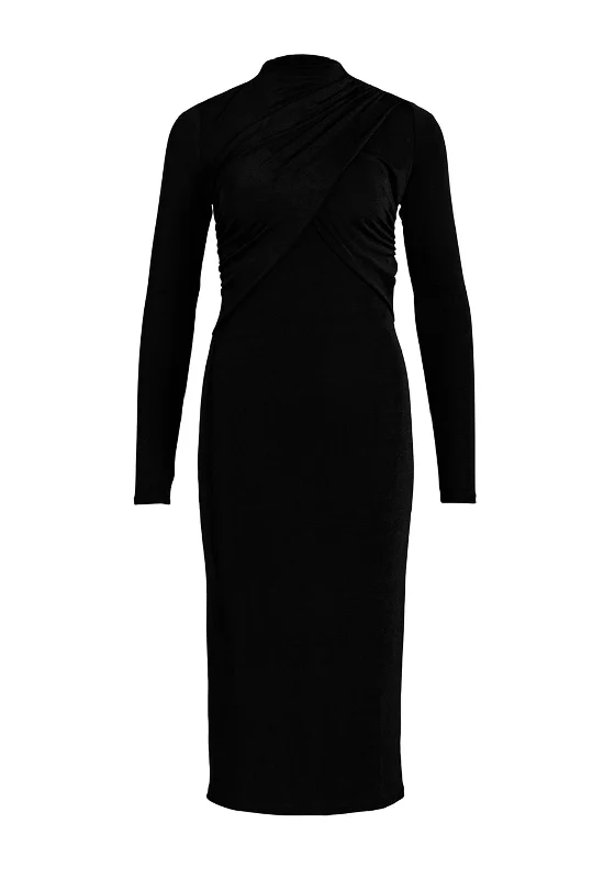 Vila Verona Funnel Neck Midi Dress, Black Fashionable Pleated Midi Dress