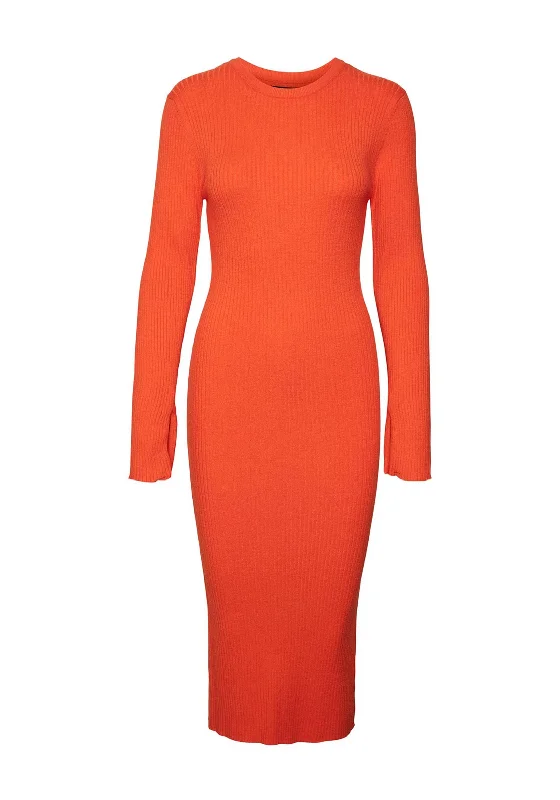 Vero Moda Gold Ribbed Knit Midi Dress, Tangerine Tango Fashionable Off-Shoulder Dress Midi