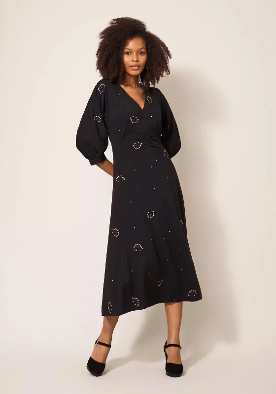 White Stuff Megan Embroidered Jersey Midi Dress, Black Stylish Animal Print Midi Dress