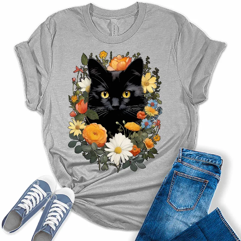 Wild Black Cat Flowers Graphic Tees for Women Houndstooth Herringbone Solid