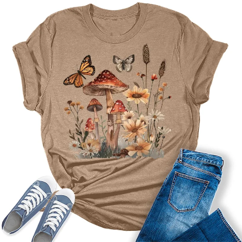 Wildflower Mushroom Butterfly Graphic Tees For Women Chenille Blend Fleece Blend Nylon Blend