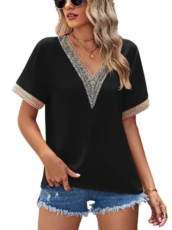 Lace Paneling V-Neck Solid Color T-Shirt Polka Dot Checkered Tartan