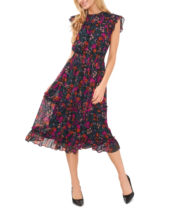 Women's Floral-Print Ruffled Cap-Sleeve Midi Dress Trendy Boho Midi Dress