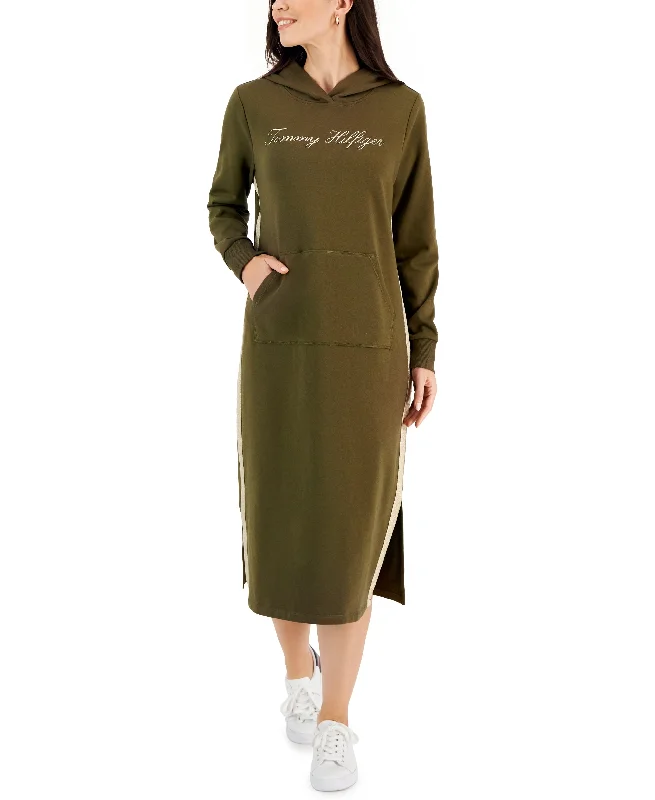 Women's Hooded Logo Long-Sleeve Midi Dress Stylish Tiered Midi Dress