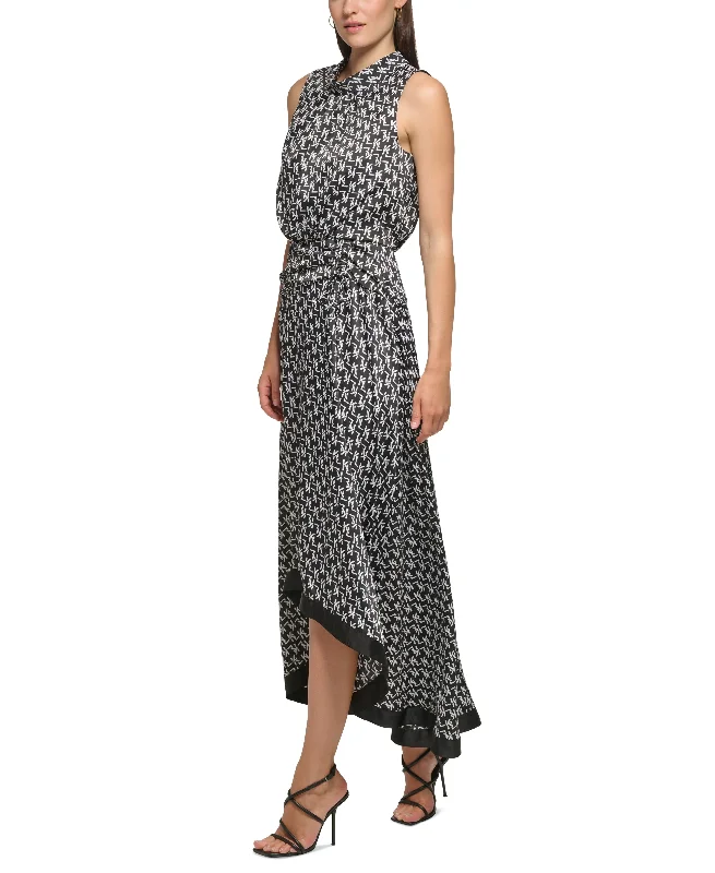 Women's Mock Neck Blouson High-Low Printed Midi Dress Comfortable Button Front Midi Dress