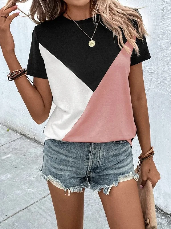 Contrast Color Stitching Loose Casual Round Neck T-Shirt Layered Multi-layer Single Layer