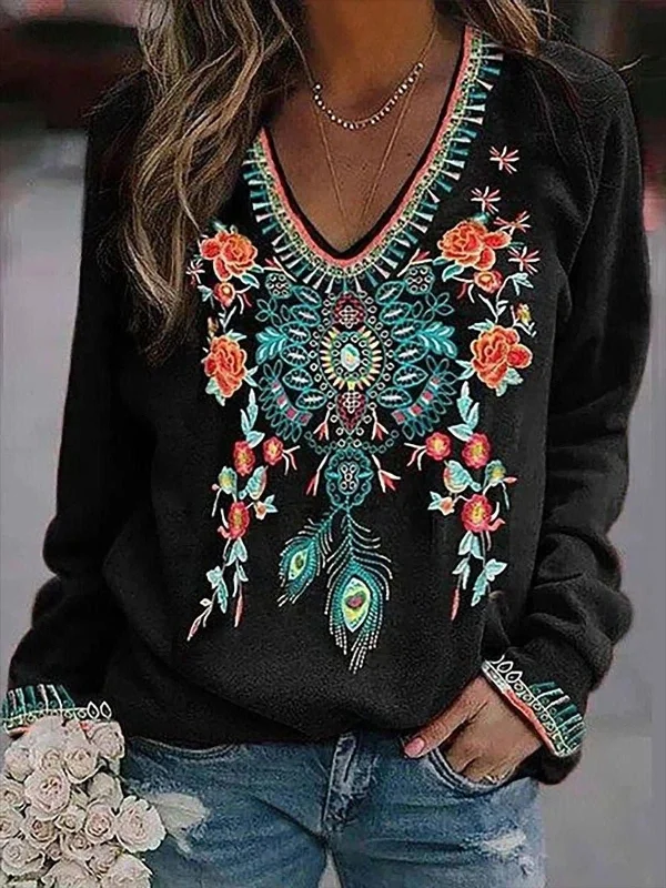 Floral Print V-Neck Long Sleeve T-Shirt Chenille Blend Fleece Blend Nylon Blend