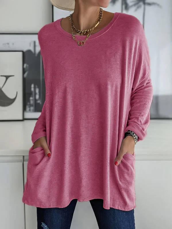 Women's T-Shirts Loose Solid Round Neck Pocket Long Sleeve T-Shirt Fleece Fabric Down Fabric Feather Fabric