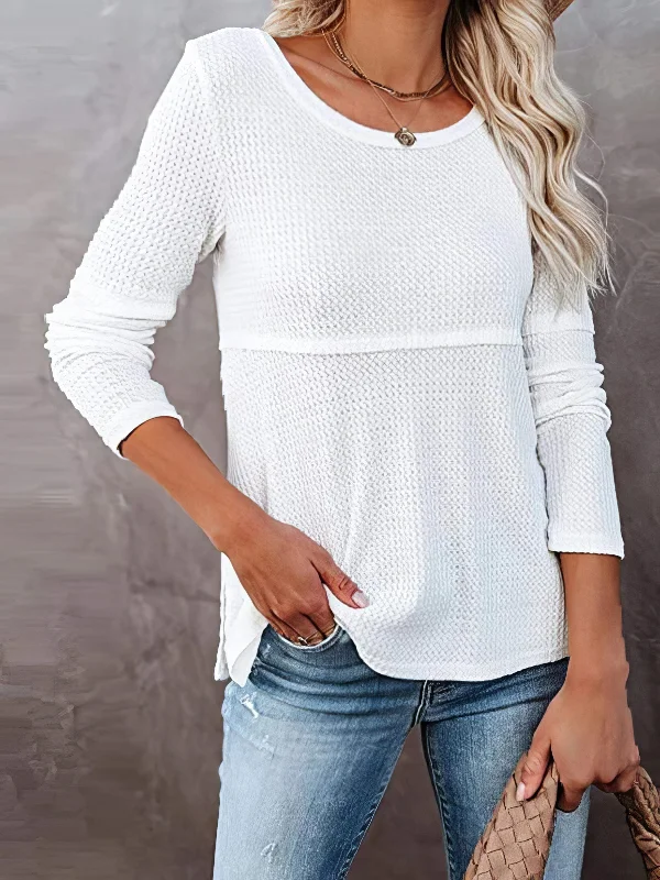 Waffle Textured Round Neck Long Sleeve Tee Front Pockets Side Pockets Patch Pockets