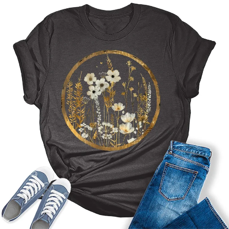 Women's Wildflower Floral Moon Graphic Tees Mesh Canvas Denim