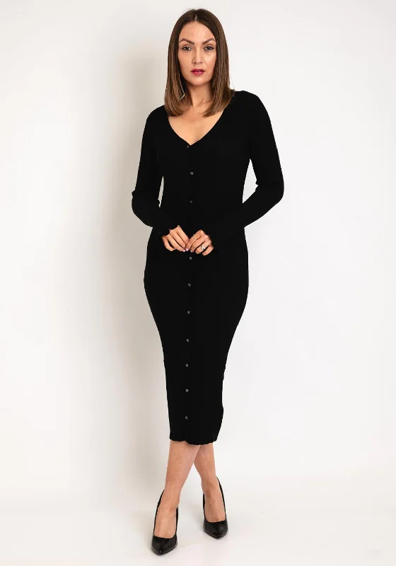 Y.A.S Ease Light Knit Ribbed Midi Dress, Black Comfortable Casual Midi Dress