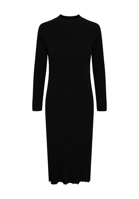 Y.A.S Eloni Ribbed Midi Dress, Black Fashionable Fitted Midi Dress