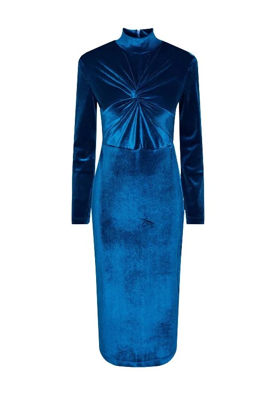 Y.A.S Novella Twisted Front Velvet Midi Dress, Mykonos Blue Trendy Smocked Detail Midi Dress