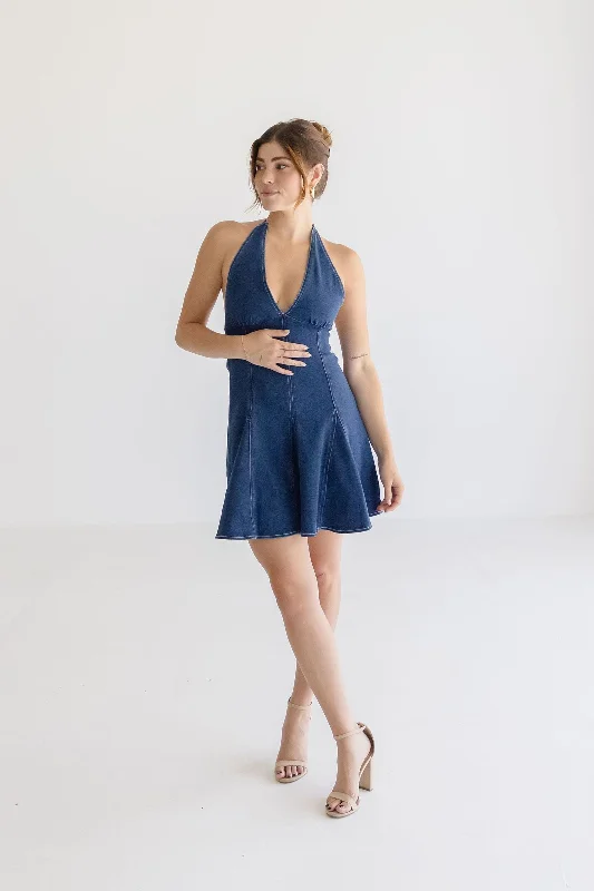 Anita Sleeveless Halter Denim Mini Dress Dark Wash Elegant Satin Mini Dress