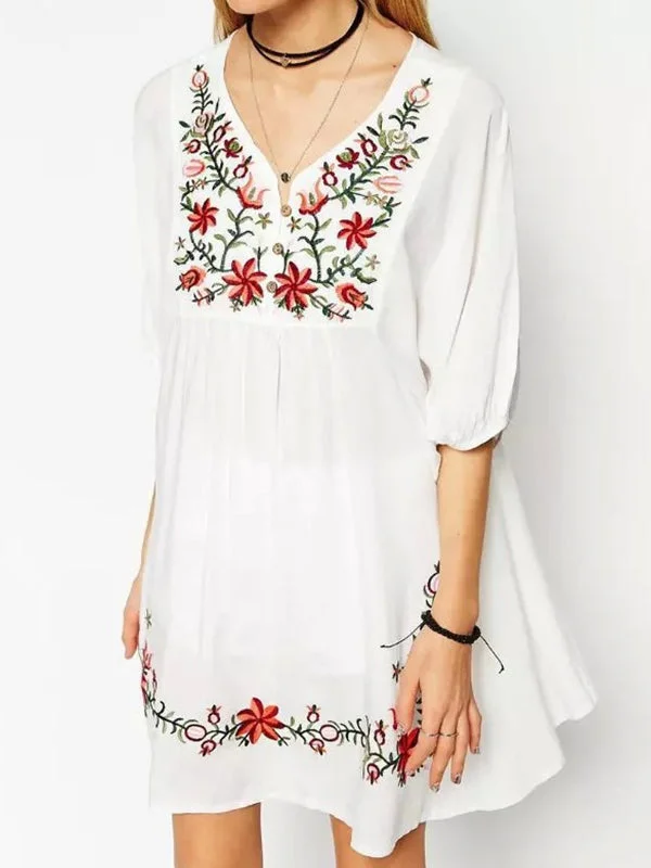 Bohemian Embroidery Floral Mini Dress Casual Button-Up Mini Dress