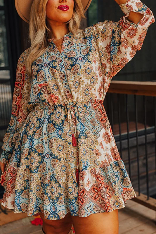 Brown Plus Size Vintage Floral Print Drawstring Waist Mini Dress Cozy Long Sleeve Mini Dress