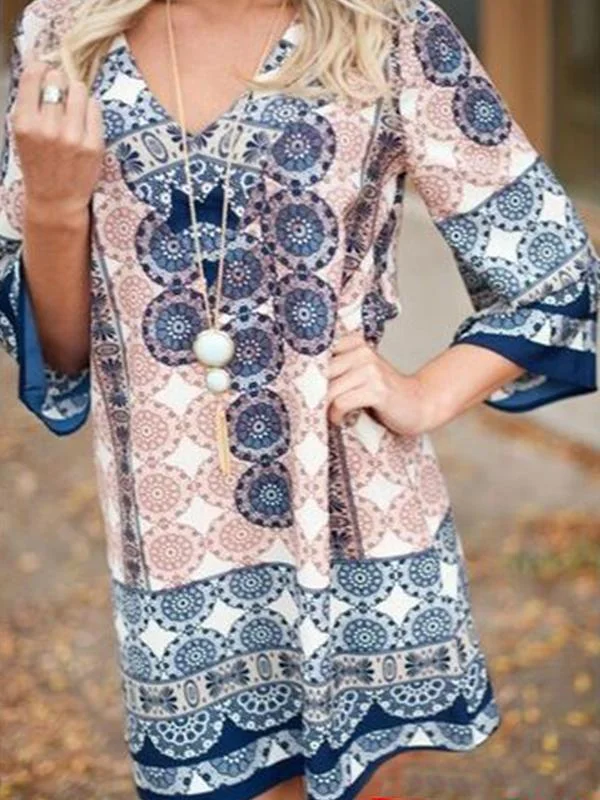 Causal Long Sleeve V Neck Plus Size Printed Mini Dress Fashionable Denim Mini Dress