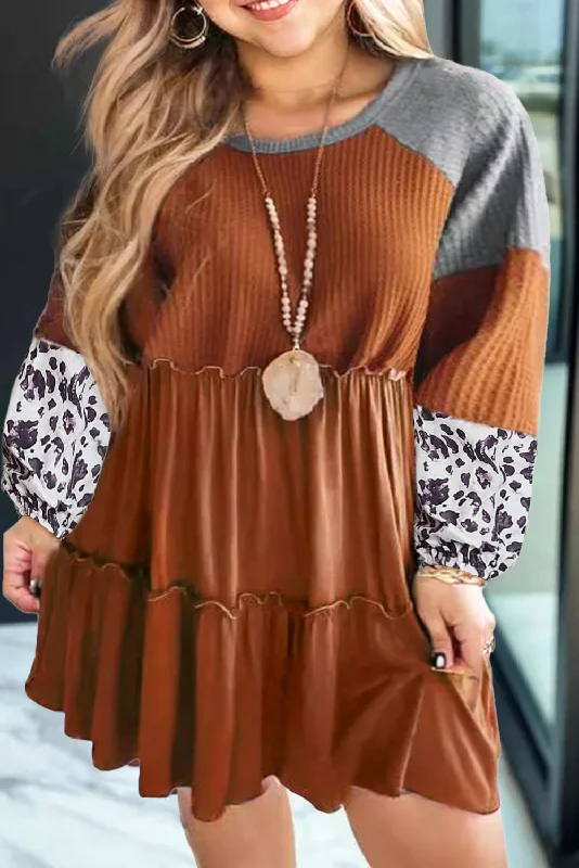 Gold Flame Plus Size Waffle Leopard Long Sleeve Ruffle Mini Dress Chic Bohemian Mini Dress