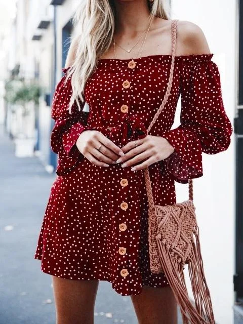 Off Shoulder Casual Sweet A-Line Polka Dots Women Mini Dress Chic Pleated Mini Dress