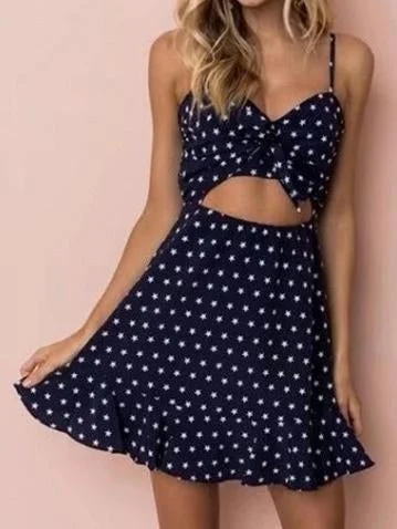 Polka Dot Spaghetti Strap Backless Mini Dress Comfortable Smocked Mini Dress